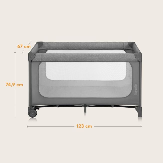 Patut pliant, Lionelo, Jasmin Easy Fold, Pana la 15 kg, Usor de pliat, Cu doua nivele, Cu saltea ergonomica T25, Cu intrare laterala cu fermoar, 2 roti cu frana, 120 x 60 cm, Conform cu EN 716, 0-36 luni, Gri BYNLO-JASMIN_EASY_FOLD_GREY_STONE