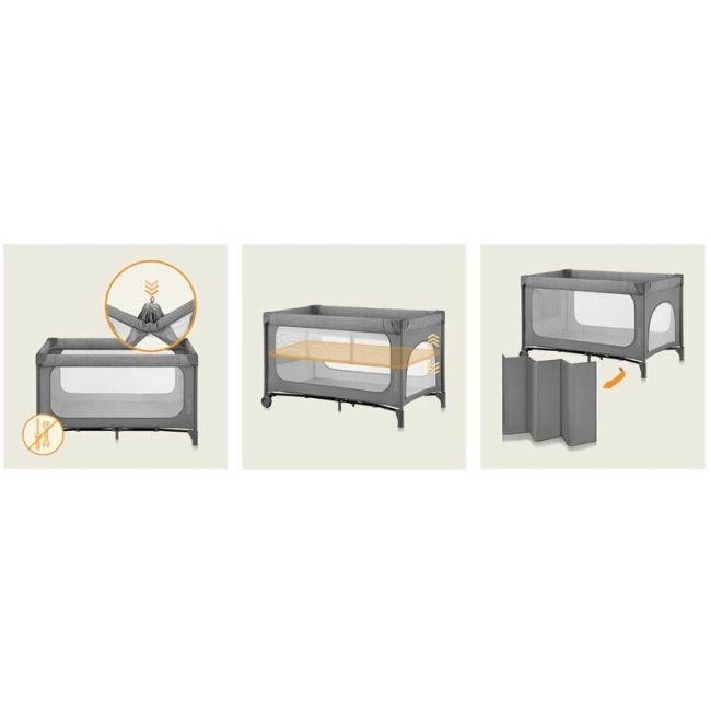 Patut pliant, Lionelo, Jasmin Easy Fold, Pana la 15 kg, Usor de pliat, Cu doua nivele, Cu saltea ergonomica T25, Cu intrare laterala cu fermoar, 2 roti cu frana, 120 x 60 cm, Conform cu EN 716, 0-36 luni, Gri BYNLO-JASMIN_EASY_FOLD_GREY_STONE