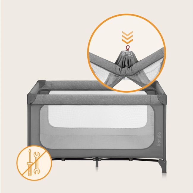 Patut pliant, Lionelo, Jasmin Easy Fold, Pana la 15 kg, Usor de pliat, Cu doua nivele, Cu saltea ergonomica T25, Cu intrare laterala cu fermoar, 2 roti cu frana, 120 x 60 cm, Conform cu EN 716, 0-36 luni, Gri BYNLO-JASMIN_EASY_FOLD_GREY_STONE
