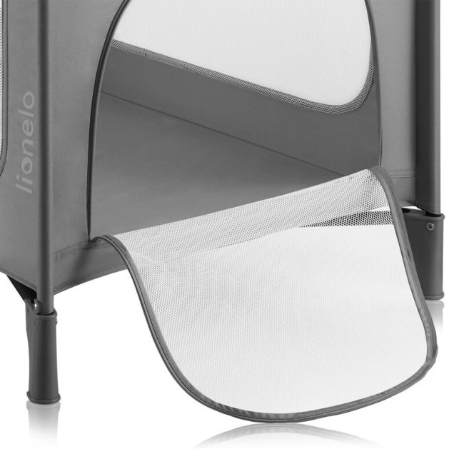 Patut pliant, Lionelo, Jasmin Easy Fold, Pana la 15 kg, Usor de pliat, Cu doua nivele, Cu saltea ergonomica T25, Cu intrare laterala cu fermoar, 2 roti cu frana, 120 x 60 cm, Conform cu EN 716, 0-36 luni, Gri BYNLO-JASMIN_EASY_FOLD_GREY_STONE