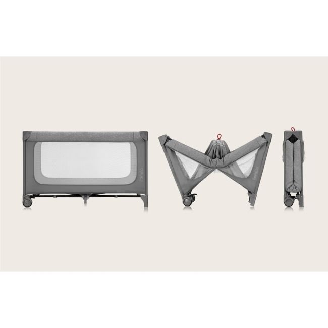 Patut pliant, Lionelo, Jasmin Easy Fold, Pana la 15 kg, Usor de pliat, Cu doua nivele, Cu saltea ergonomica T25, Cu intrare laterala cu fermoar, 2 roti cu frana, 120 x 60 cm, Conform cu EN 716, 0-36 luni, Gri BYNLO-JASMIN_EASY_FOLD_GREY_STONE