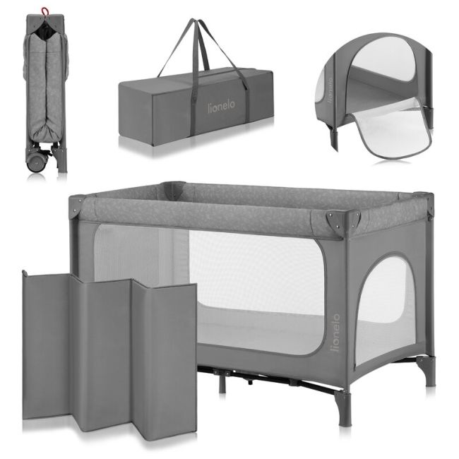 Patut pliant, Lionelo, Jasmin Easy Fold, Pana la 15 kg, Usor de pliat, Cu doua nivele, Cu saltea ergonomica T25, Cu intrare laterala cu fermoar, 2 roti cu frana, 120 x 60 cm, Conform cu EN 716, 0-36 luni, Gri BYNLO-JASMIN_EASY_FOLD_GREY_STONE