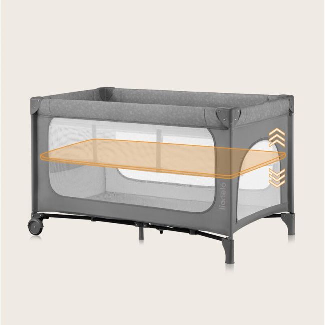 Patut pliant, Lionelo, Jasmin Easy Fold, Pana la 15 kg, Usor de pliat, Cu doua nivele, Cu saltea ergonomica T25, Cu intrare laterala cu fermoar, 2 roti cu frana, 120 x 60 cm, Conform cu EN 716, 0-36 luni, Gri BYNLO-JASMIN_EASY_FOLD_GREY_STONE