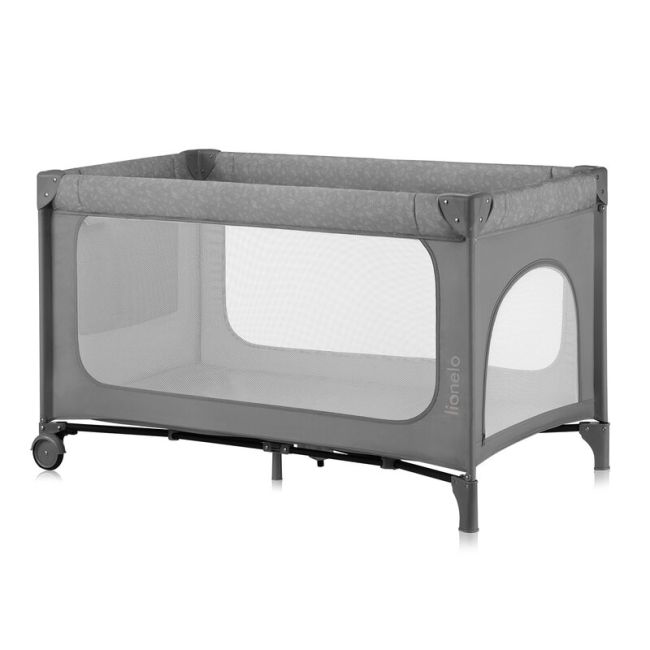 Patut pliant, Lionelo, Jasmin Easy Fold, Pana la 15 kg, Usor de pliat, Cu doua nivele, Cu saltea ergonomica T25, Cu intrare laterala cu fermoar, 2 roti cu frana, 120 x 60 cm, Conform cu EN 716, 0-36 luni, Gri BYNLO-JASMIN_EASY_FOLD_GREY_STONE