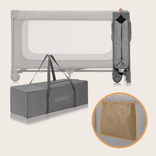 Patut pliant, Lionelo, Jasmin Easy Fold, Pana la 15 kg, Usor de pliat, Cu doua nivele, Cu saltea ergonomica T25, Cu intrare laterala cu fermoar, 2 roti cu frana, 120 x 60 cm, Conform cu EN 716, 0-36 luni, Gri BYNLO-JASMIN_EASY_FOLD_GREY_STONE
