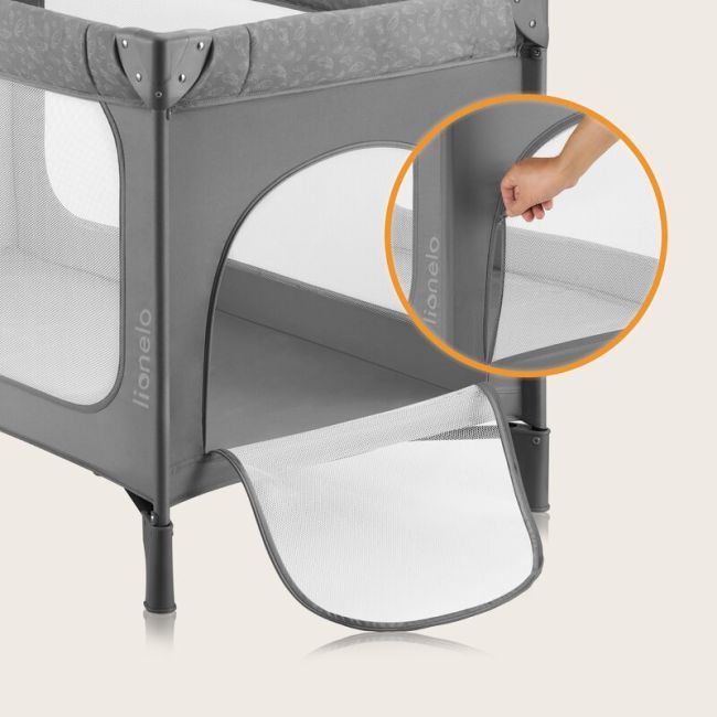 Patut pliant, Lionelo, Jasmin Easy Fold, Pana la 15 kg, Usor de pliat, Cu doua nivele, Cu saltea ergonomica T25, Cu intrare laterala cu fermoar, 2 roti cu frana, 120 x 60 cm, Conform cu EN 716, 0-36 luni, Gri BYNLO-JASMIN_EASY_FOLD_GREY_STONE
