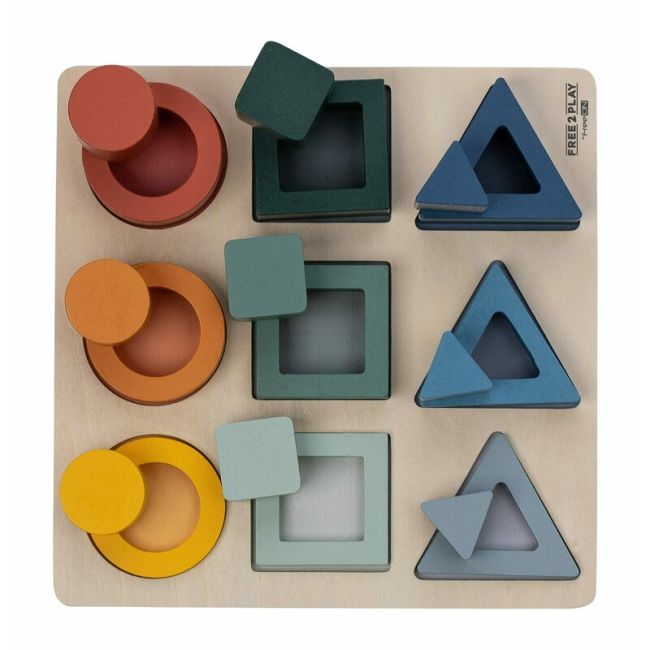 Puzzle copii, Free2Play, Din lemn, Cu sortare forme, Incurajeaza imaginatia, Dezvolta abilitatile motorii fine si coordonarea ochi-mana, 22,2x22,2x4,2 cm, 12 luni+, Multcolor BYN85109