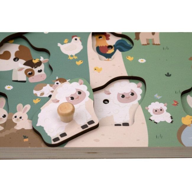 Puzzle din lemn, Free2Play, Cu animalute de la ferma, Cu sunete, Cu maner, Stimuleaza simturile, invatarea prin joc si imaginatia, 29,8 x 21,2 x 3,8 cm, Farm BYN85079