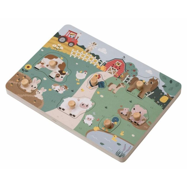 Puzzle din lemn, Free2Play, Cu animalute de la ferma, Cu sunete, Cu maner, Stimuleaza simturile, invatarea prin joc si imaginatia, 29,8 x 21,2 x 3,8 cm, Farm BYN85079