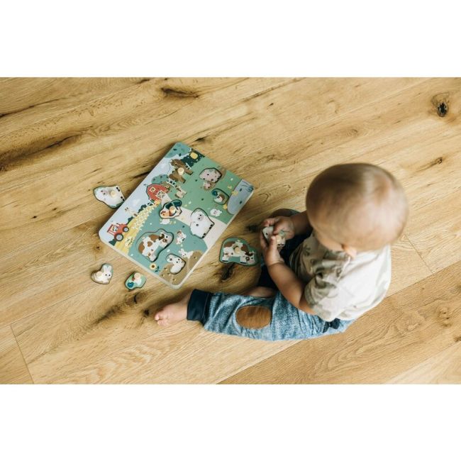 Puzzle din lemn, Free2Play, Cu animalute de la ferma, Cu sunete, Cu maner, Stimuleaza simturile, invatarea prin joc si imaginatia, 29,8 x 21,2 x 3,8 cm, Farm BYN85079