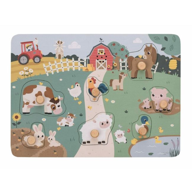 Puzzle din lemn, Free2Play, Cu animalute de la ferma, Cu sunete, Cu maner, Stimuleaza simturile, invatarea prin joc si imaginatia, 29,8 x 21,2 x 3,8 cm, Farm BYN85079