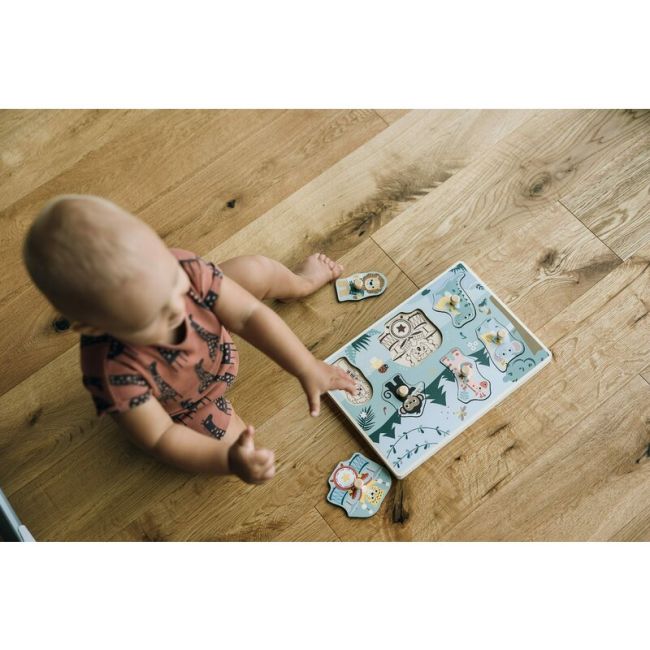Puzzle muzical din lemn, Free2Play, Cu animalute din jungla, Cu sunete, Cu maner, Stimuleaza simturile, invatarea prin joc si imaginatia, 30x21,5x3,5 cm, Jungle BYN85086