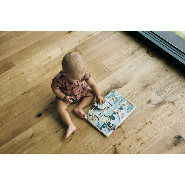Puzzle muzical din lemn, Free2Play, Cu animalute din jungla, Cu sunete, Cu maner, Stimuleaza simturile, invatarea prin joc si imaginatia, 30x21,5x3,5 cm, Jungle BYN85086