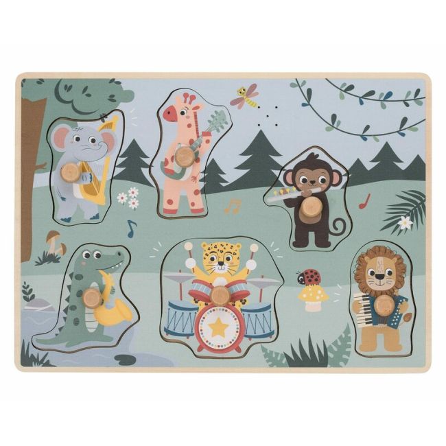 Puzzle muzical din lemn, Free2Play, Cu animalute din jungla, Cu sunete, Cu maner, Stimuleaza simturile, invatarea prin joc si imaginatia, 30x21,5x3,5 cm, Jungle BYN85086