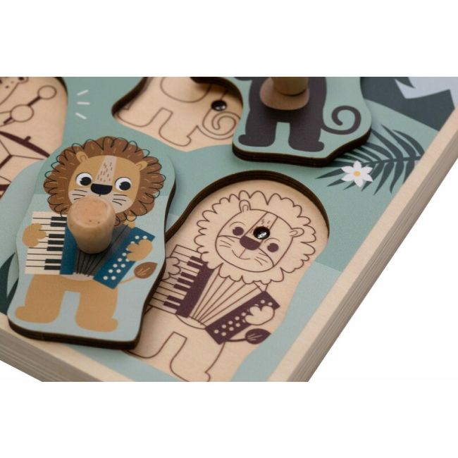 Puzzle muzical din lemn, Free2Play, Cu animalute din jungla, Cu sunete, Cu maner, Stimuleaza simturile, invatarea prin joc si imaginatia, 30x21,5x3,5 cm, Jungle BYN85086