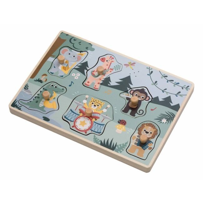 Puzzle muzical din lemn, Free2Play, Cu animalute din jungla, Cu sunete, Cu maner, Stimuleaza simturile, invatarea prin joc si imaginatia, 30x21,5x3,5 cm, Jungle BYN85086