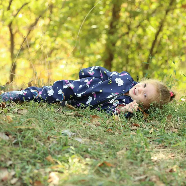 Salopeta impermeabila pentru copii Kidscare, cu protectie la vant si apa cu imprimeu Unicorni Navy - marime 122 SUPKCSI514_UnicorniNavi_122