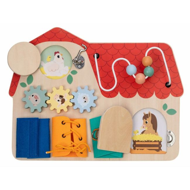 Tablita cu activitati, Free2Play, Din lemn, Cu elemente interactive, Dezvolta coordonarea mana-ochi, 40x30x6,5 cm, 18 luni+, Multicolor BYN85116