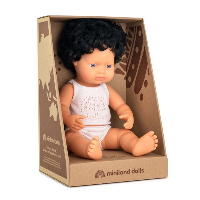 Papusa educativa 38 cm baiat caucazian cu par negru si ondulat ml31261