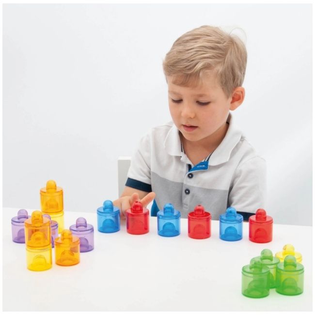 Set de 18 cutiute colorate cu capac, translucide, pentru activitati senzoriale tik73105