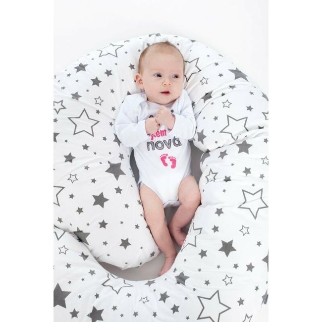 Perna alaptare, New Baby, Cu husa detasabila, In forma de C, Bumbac, Diametru 16 cm, Lungime in jurul circumferintei 285 cm, 100% antialergic, Stars Grey BYN43245