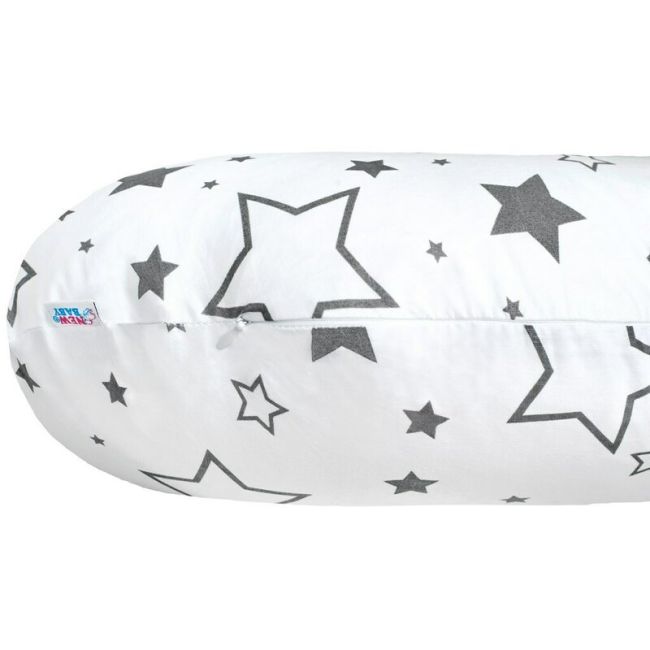 Perna alaptare, New Baby, Cu husa detasabila, In forma de C, Bumbac, Diametru 16 cm, Lungime in jurul circumferintei 285 cm, Stars White/Grey BYN35211