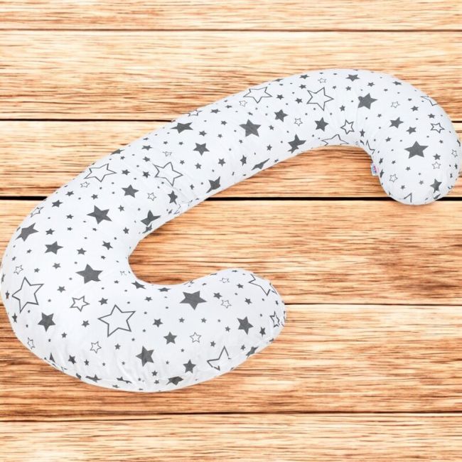 Perna alaptare, New Baby, Cu husa detasabila, In forma de C, Bumbac, Diametru 16 cm, Lungime in jurul circumferintei 285 cm, Stars White/Grey BYN35211