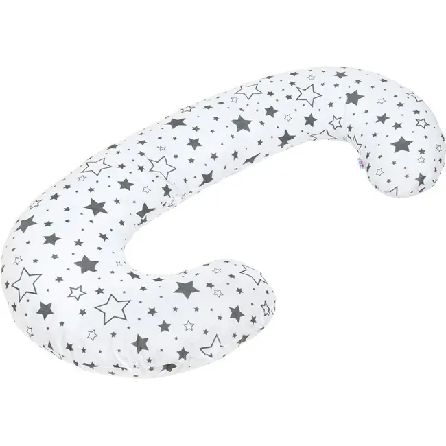 Perna alaptare, New Baby, Cu husa detasabila, In forma de C, Bumbac, Diametru 16 cm, Lungime in jurul circumferintei 285 cm, Stars White/Grey BYN35211