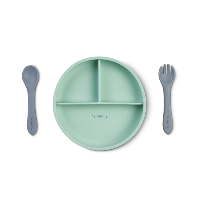Set Diversificare Bebelusi, Silicon Alimentar Premium, 4 Piese ,   Farfurie Sectionata, Lingurita, Furculita, Cana ,    , œfood  Fun,   Mint Pjb17601