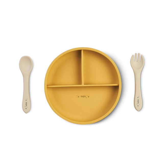 Set Diversificare Bebelusi, Silicon Alimentar Premium, 4 Piese ,   Farfurie Sectionata, Lingurita, Furculita, Cana ,    , œfood  Fun,   Mustard Pjb17602