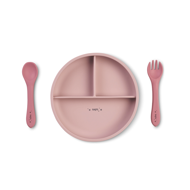 Set Diversificare Bebelusi, Silicon Alimentar Premium, 4 Piese ,   Farfurie Sectionata, Lingurita, Furculita, Cana ,    , œfood  Fun,   Pink Pjb17603