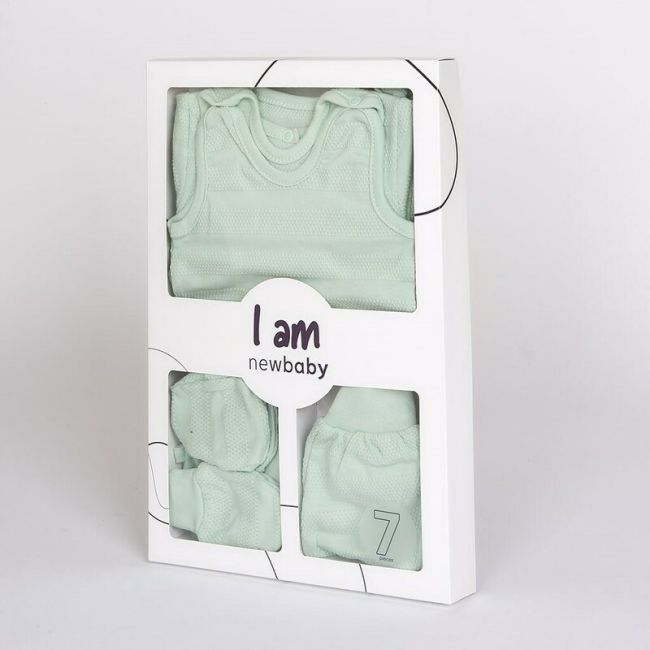 Set pentru bebe, New Baby, I AM, 7 piese, Cu botosei, jacheta maneca lunga, caciulita, body cu maneca lunga, pantalonasi si salopeta cu botosei si manusi, 100% bumbac, Marime 56, 0-3 luni, Mint BYN49101