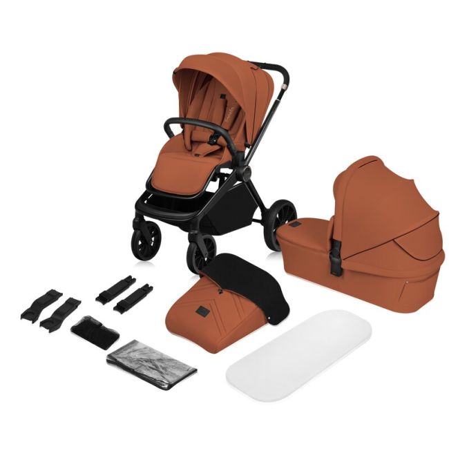 Carucior 2 in 1, Lionelo, Mika Plus, Cadru din aluminiu, Cu landou intarit si salteluta moale, Reversibil, Cu sistem de ventilatie 3D, Cu accesorii, Pana la 22 kg, Conform cu EN1888-1 EN1888-2, EN1466, Maro BYNLO-MIKA_PLUS_2IN1_BROWN_RUST