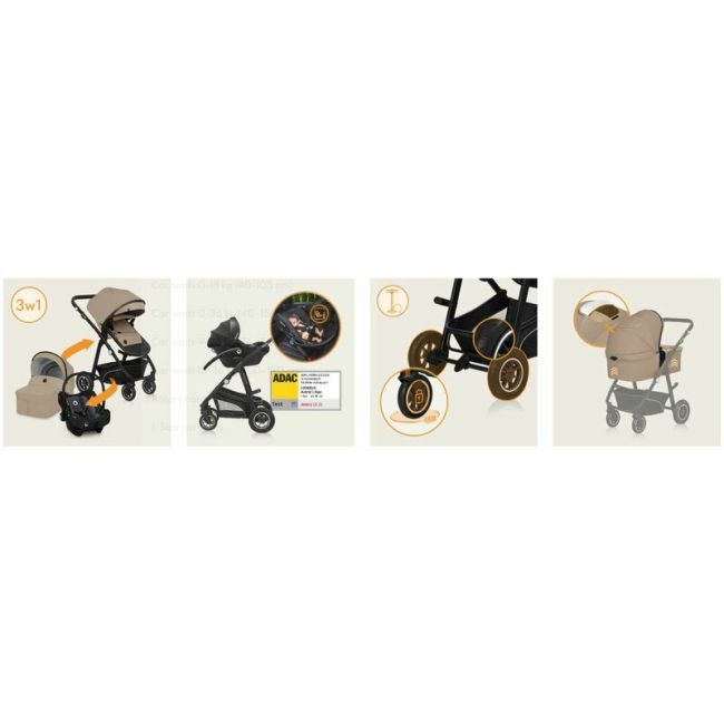 Carucior 3 in 1, Lionelo, Bianka, Transformabil, Cadru aluminiu, Cu landou si salteluta moale, Cu scoica auto testata ADAC, Cu multiple accesorii, Sustine 22 kg, 0 luni+, EN1466:2014+AC:2015, EN1888, Bej BYNLO-BIANKA_3IN1_BEIGE_SAND