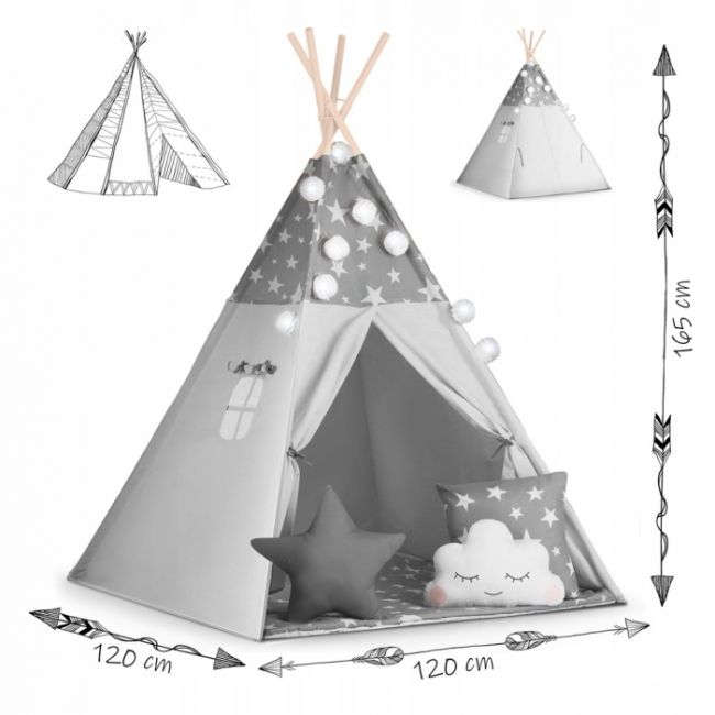 Cort de joaca pentru copii cu ghirlanda si lumini nukido 120 x 120 x 165 cm - gri cu stelute edeedi740020