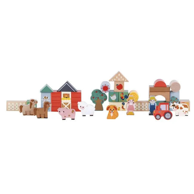 Set blocuri constructie, Free2Play, Farm Animals, Contine 36 piese, Din lemn, Pentru dezvoltarea abilitatilor motorii fine, 12 luni+, Multicolor BYN85123