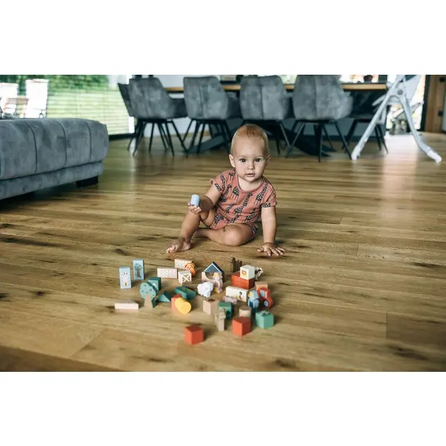 Set blocuri constructie, Free2Play, Farm Animals, Contine 36 piese, Din lemn, Pentru dezvoltarea abilitatilor motorii fine, 12 luni+, Multicolor BYN85123