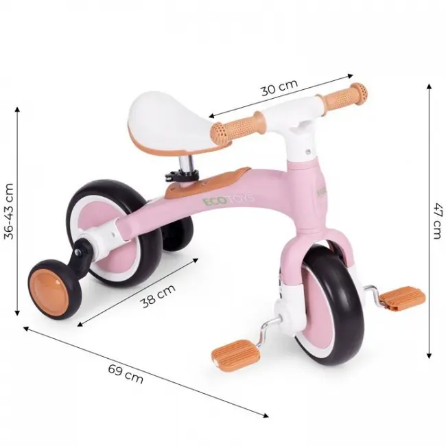 Bicicleta cu pedale 3 in 1 si roti ajutatoare ecotoys lc-v1359 - roz edeedilc-v1359pink