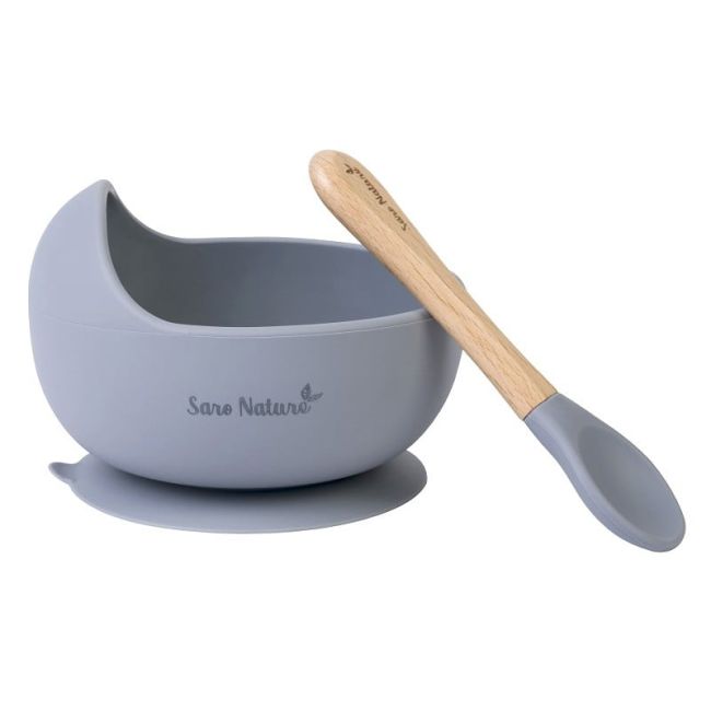 Bol Anti-alunecare Din Silicon Alimentar Si Lingurita, Set De 2 Piese Pentru Diversificare, Blue Mist Pjb173921