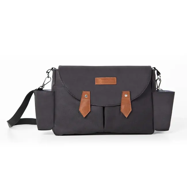 Geanta pentru scutece si organizator carucior, Petite&Mars, Sara, 2 in 1, Cu 7 buzunare, 1 buzunar cu izolatie termica, Dimensiune compacta, 40x23x10 cm, Negru/Maro BYN200305