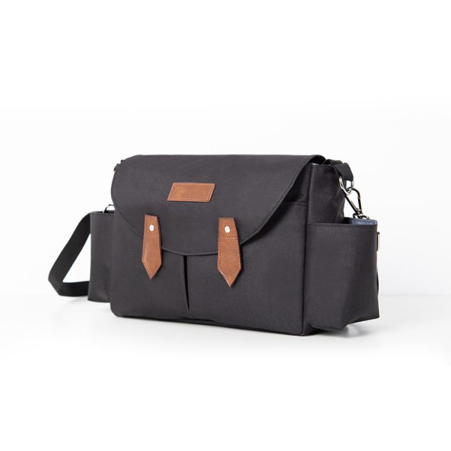 Geanta pentru scutece si organizator carucior, Petite&Mars, Sara, 2 in 1, Cu 7 buzunare, 1 buzunar cu izolatie termica, Dimensiune compacta, 40x23x10 cm, Negru/Maro BYN200305
