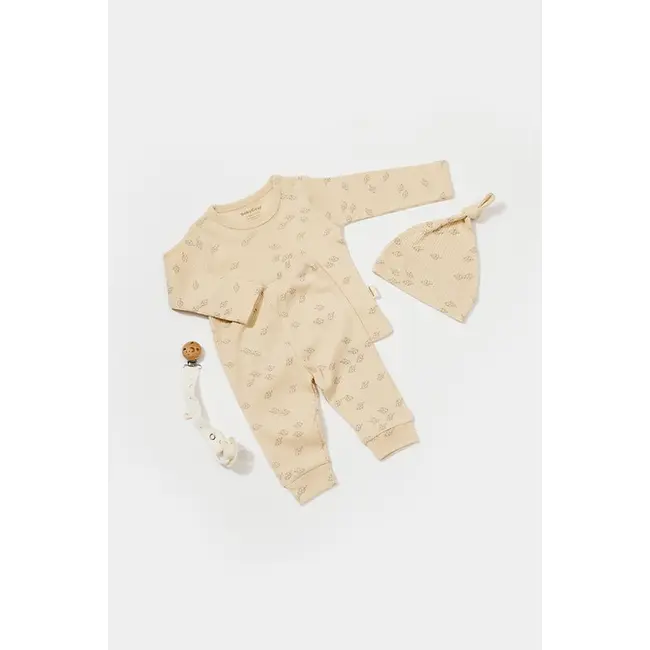 Set 3 piese:bluza, pantaloni si caciulita Printed, BabyCosy, 50% modal+50% bumbac, Stone (Marime: 3-6 Luni) JEMBC-CSYM25504-3