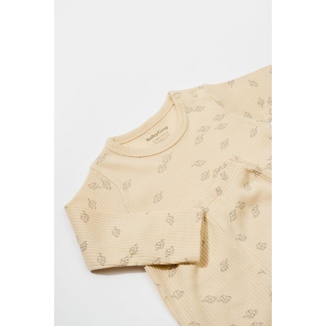Set 3 piese:bluza, pantaloni si caciulita Printed, BabyCosy, 50% modal+50% bumbac, Stone (Marime: 9-12 luni) JEMBC-CSYM25504-9