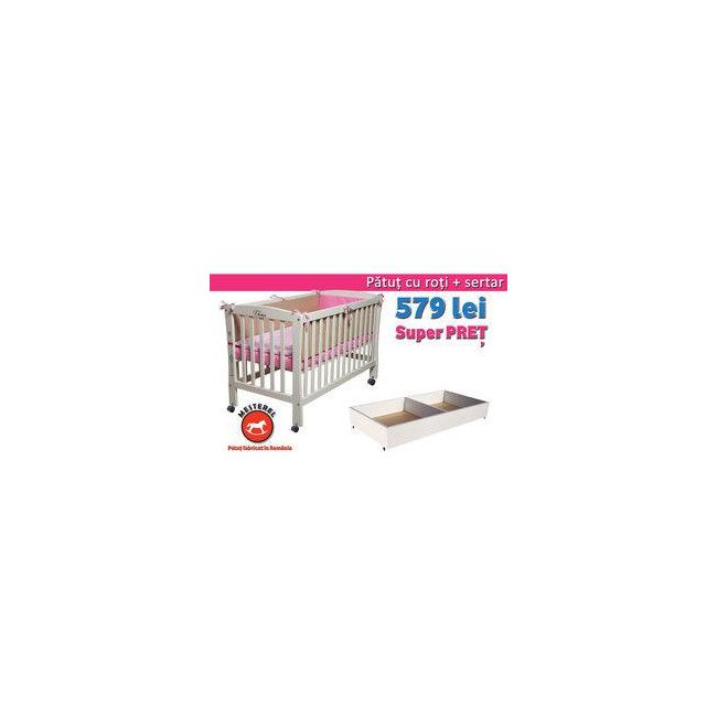 Pachet promotional patut simplu bebe 0-4 ani Mos Ene cu roti si sertar, nu contine saltea - MES034