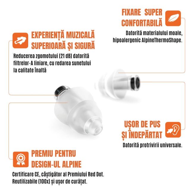 Dopuri de urechi antifonice pentru adulti cu filtru profesional pentru muzica, reutilizabile, transparente, SNR 21dB, ideale pentru petreceri si concerte, ALPINE PartyPlug PRO Natural ALP24883