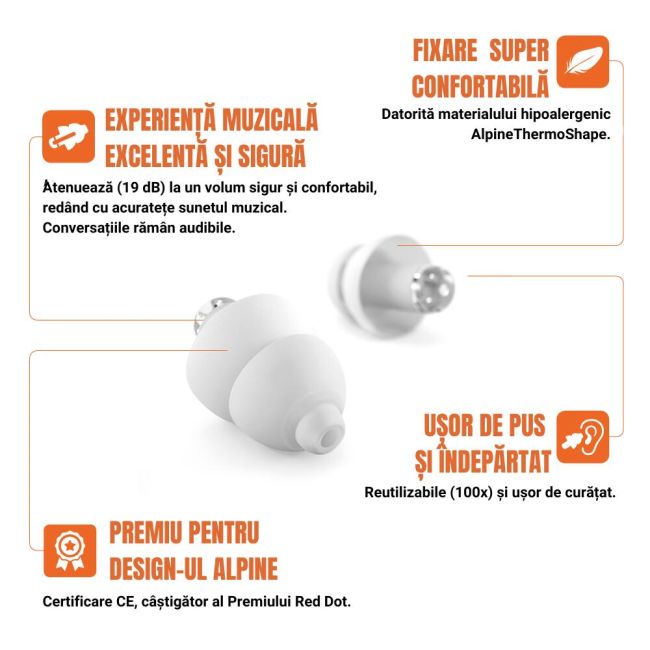 Dopuri de urechi antifonice pentru adulti cu filtru special pentru muzica, reutilizabile, transparente, protectie zgomote SNR 19dB, ideale pentru petreceri si concerte, ALPINE PartyPlug ALP23558