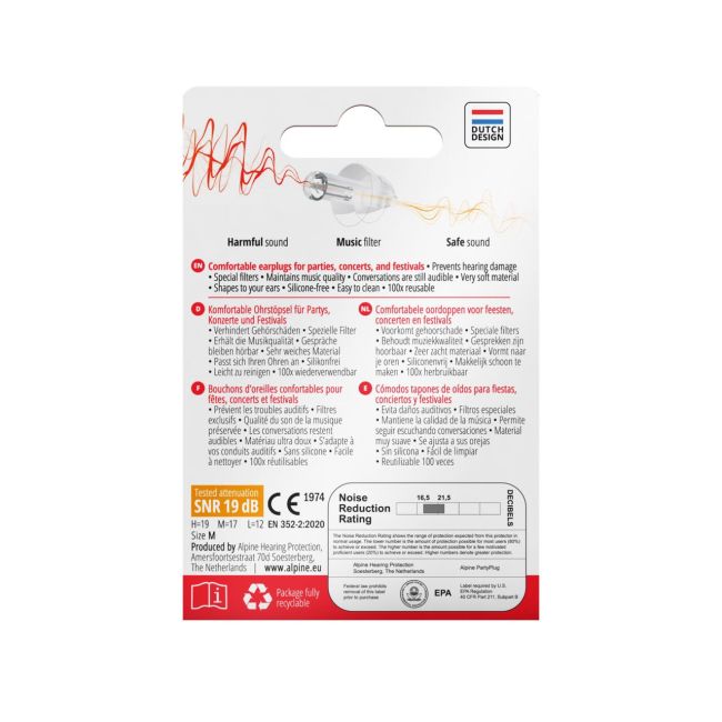 Dopuri de urechi antifonice pentru adulti cu filtru special pentru muzica, reutilizabile, transparente, protectie zgomote SNR 19dB, ideale pentru petreceri si concerte, ALPINE PartyPlug ALP23558