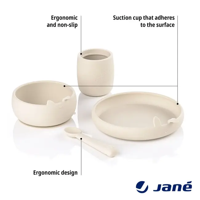 Set complet de masa, Jane, Din silicon, Cu 4 piese, Farfurie, Bol, Lingurita si pahar, BPA free, Sand BYN8420421089507