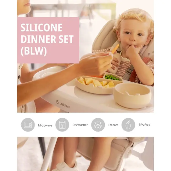 Set de masa, Jane, Din silicon, 2 piese, Cu bol si lingurita, BPA Free, Pale BYN8420421089323