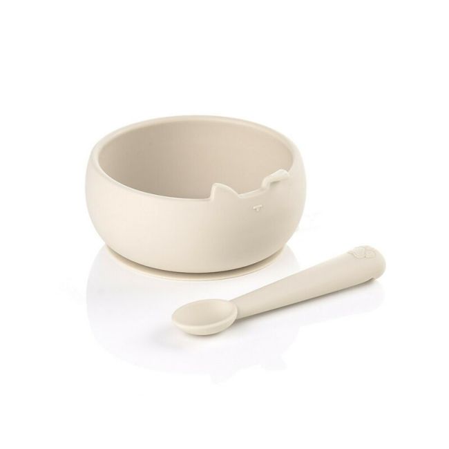Set de masa, Jane, Din silicon, 2 piese, Cu bol si lingurita, BPA Free, Sand BYN8420421089514